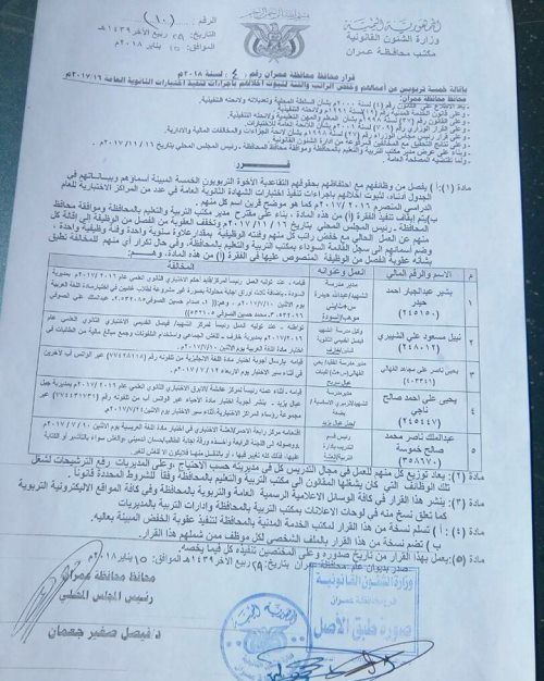 عمران.. المليشيا تقيل 17 إدارياً تربوياً من المناوئين لها وتضمهم للقائمة السوداء (وثائق)