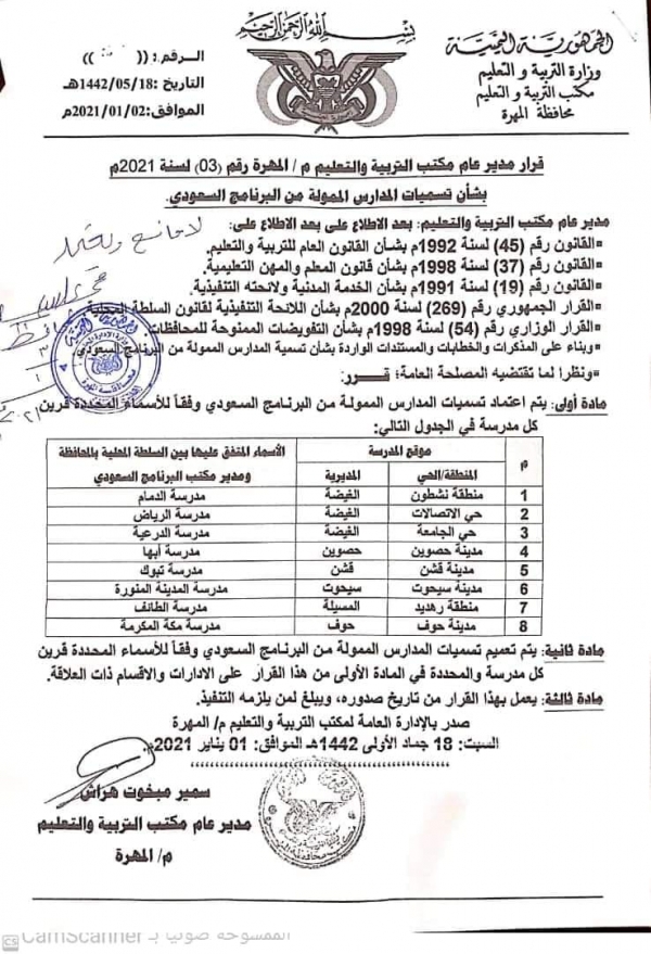 السعودية تجبر السلطات المحلية بالمهرة على تسمية المدارس بأسماء ومدن المملكة