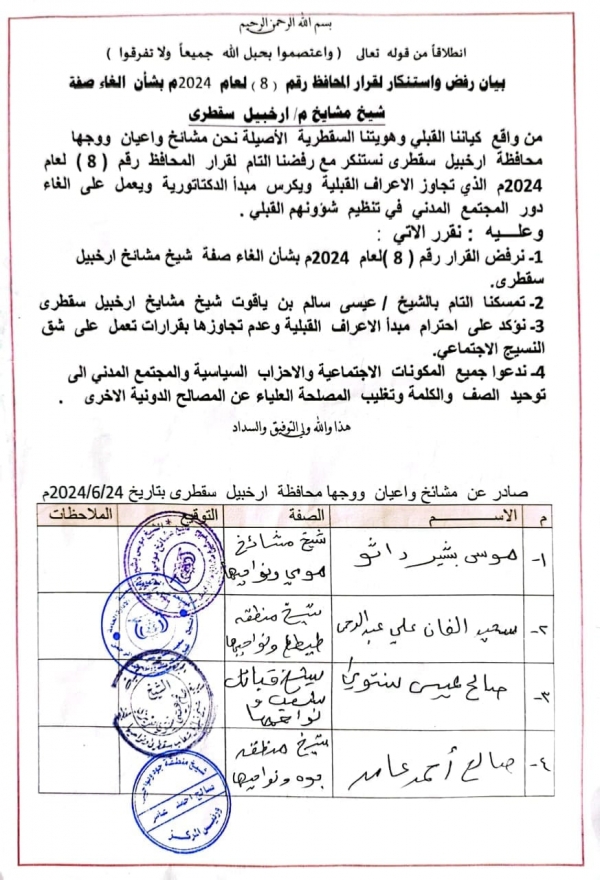 مشائخ سقطرى يرفضون قرار المحافظ الثقلي بإلغاء صفة 