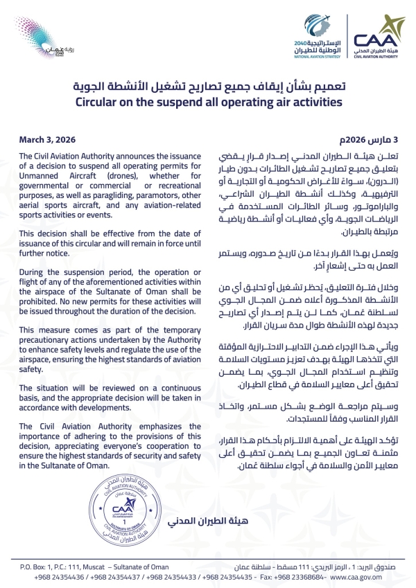 طيران عُمان توقف تصاريح الطائرات بدون طيار