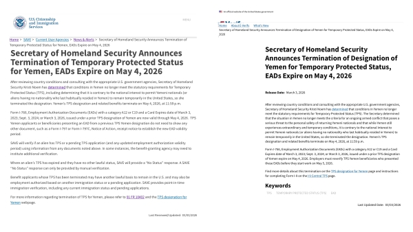 واشنطن تشرح تفاصيل وضع الحماية المؤقتة لليمنيين المنتهي في مايو القادم