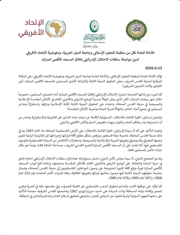 الاتحاد الإفريقي والتعاون الإسلامي والجامعة العربية يدينون إغلاق الأقصى ويدعون لوقف الإجراءات الإسرائيلية